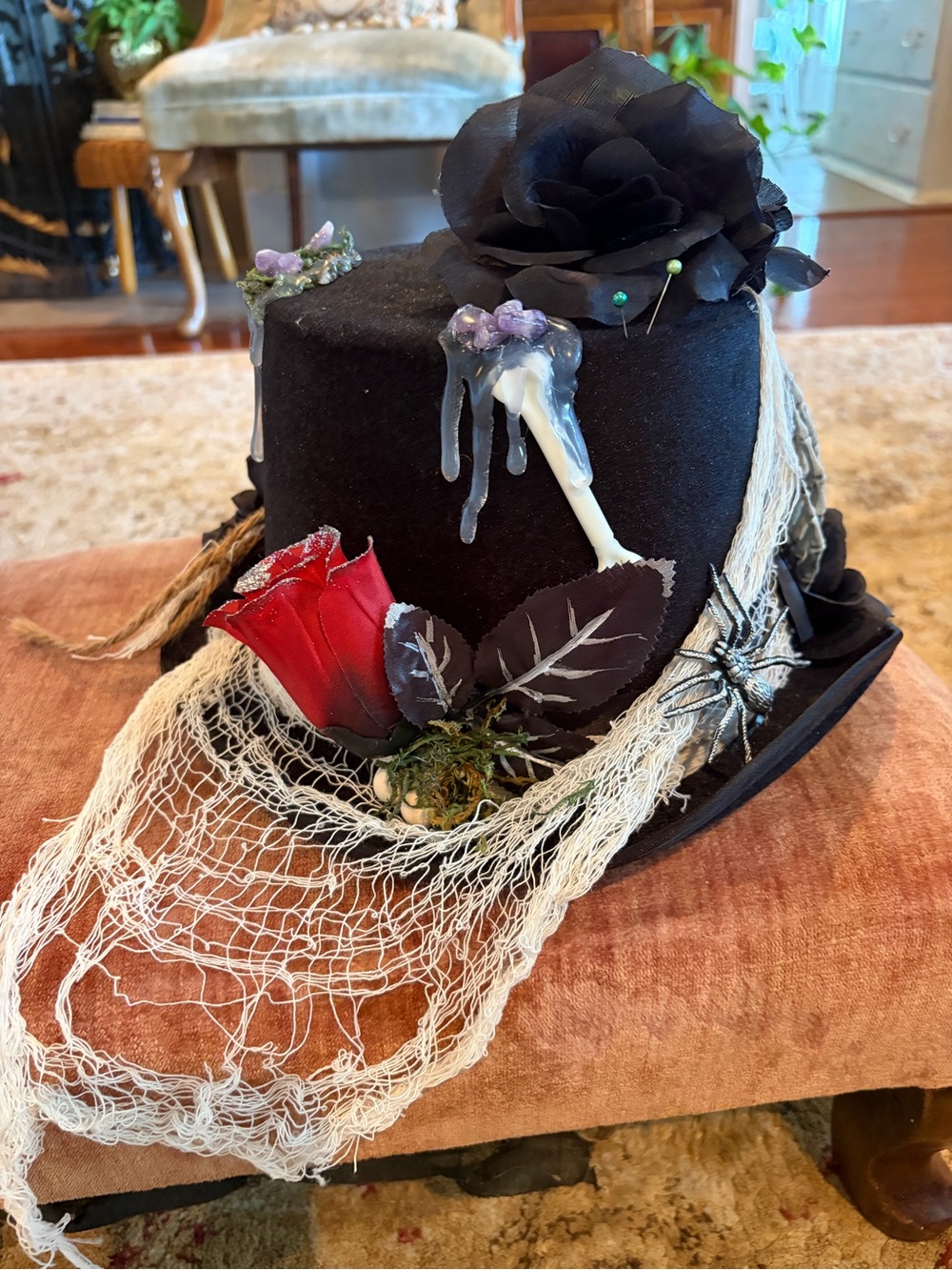 Handcrafted Gothic Black Top Hat with Red Rose Accent Halloween Handmade 1/kind